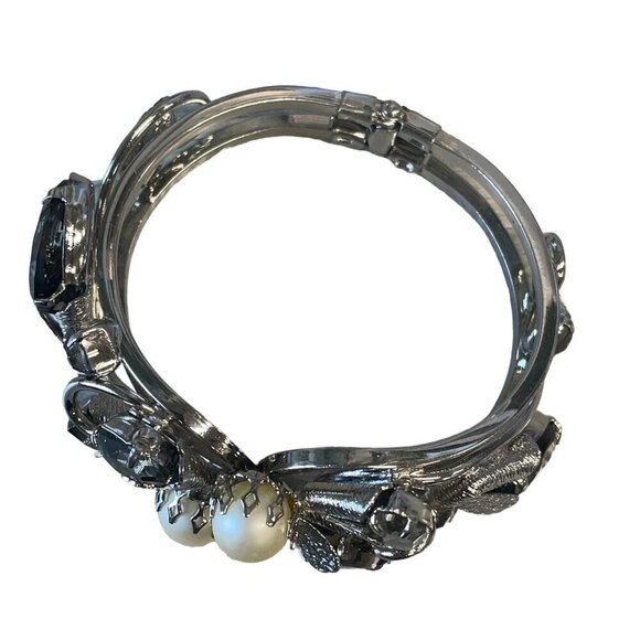 Vintage Silver-Tone Bracelet with Faux Pearls & Smoky Quartz Crystals Statement - Picture 14 of 15